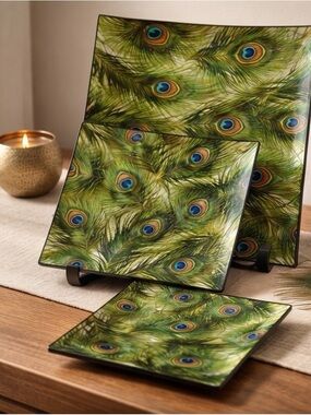 Peacock Feather Glass Serving Plates - Green